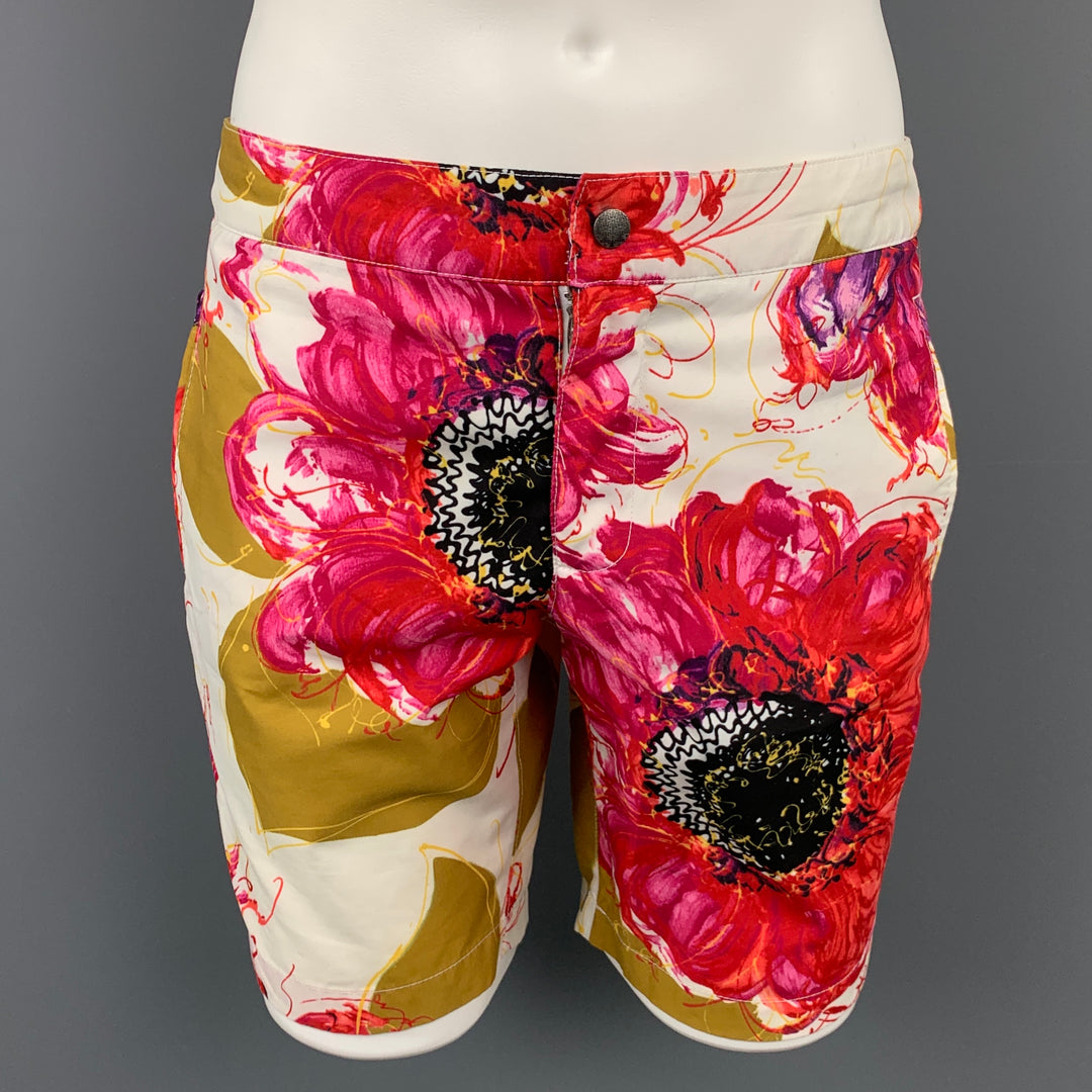 MR. TURK Size 30 Red & White Floral Polyester Swim Trunks