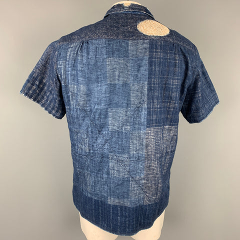 KAPITAL Size XL Indigo Blue Patchwork Cotton / Linen Short Sleeve Shirt
