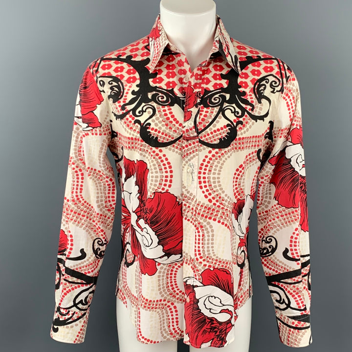 JUST CAVALLI Size XL White & Red Print Cotton Button Up Long Sleeve Shirt