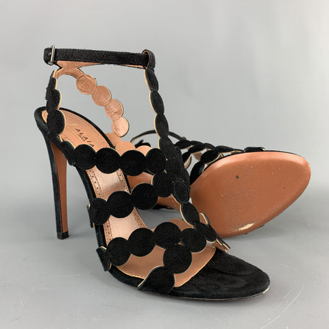 ALAIA Sandalias con tiras cortadas con láser de ante negro talla 8