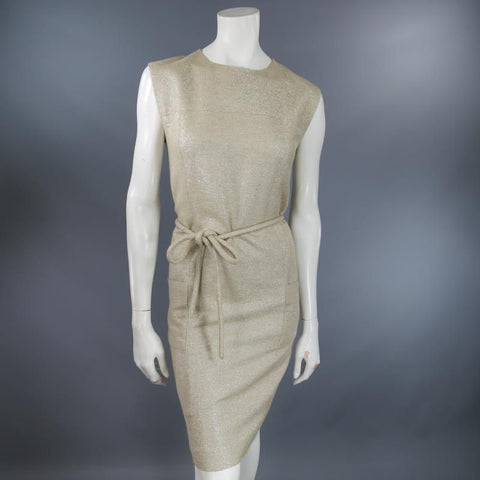 BARBARA TFANK Taille 6 Robe de cocktail texturée beige argenté métallisé avec ceinture à nouer