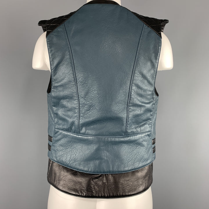 BALENCIAGA Size 8 Black & Teal Blue Quilted Leather Biker Vest