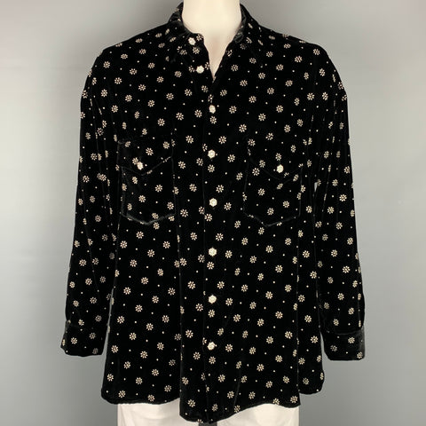 GARCONS INFIDELES Talla XL Camisa de manga larga con botones de terciopelo floral negro y plateado