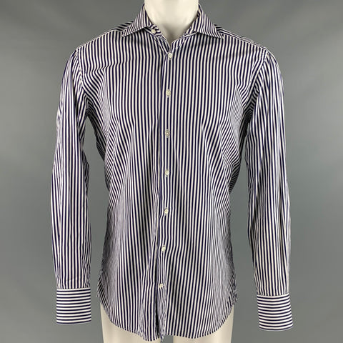 SUITSUPPLY Taille M Chemise à manches longues en coton à rayures blanches marine