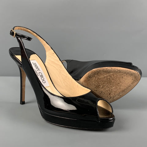 JIMMY CHOO Size 7 Black Patent Leather Slingback Nova Pumps