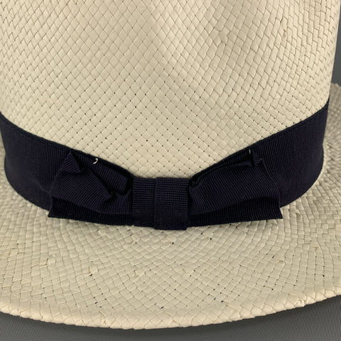 SAKS FIFTH AVENUE Cream Woven Straw Navy Stripe Fedora