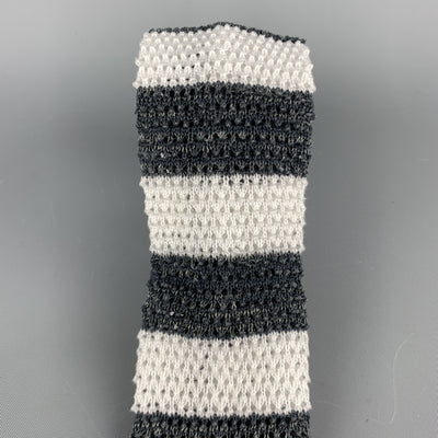 ISAIA Grey & White Striped Cotton / Linen Knit Skinny Tie