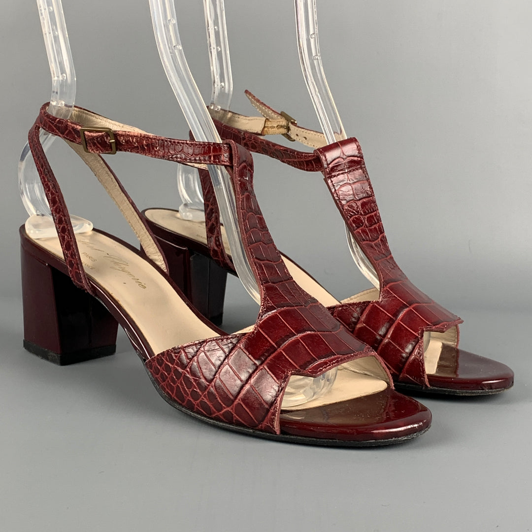 ROBERT CLERGERIE Talla 7 Sandalias con tira en T de cuero en relieve color burdeos