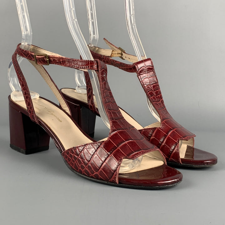 ROBERT CLERGERIE Talla 7 Sandalias con tira en T de cuero en relieve color burdeos