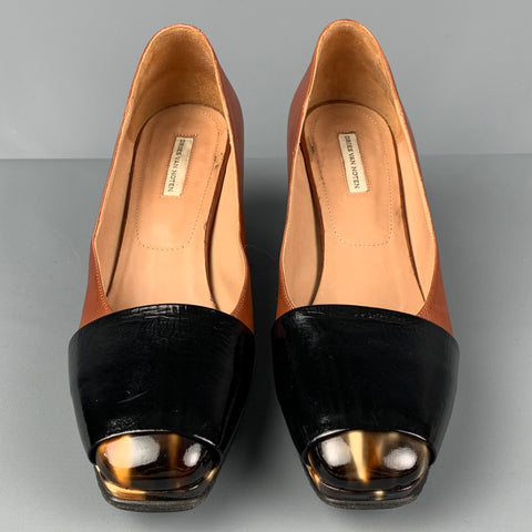 DRIES VAN NOTEN Size 7.5 Tan Black Leather Mixed Materials Platform Pumps