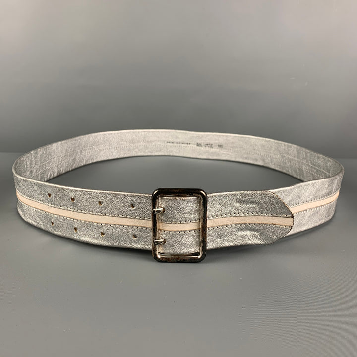 DRIES VAN NOTEN Size 42 Silver White Stripe Leather Belt