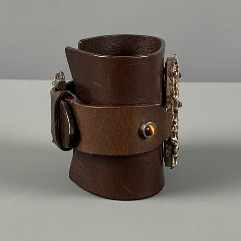 Vintage VALENTINO Brown Silver Leather Metal Bracelet