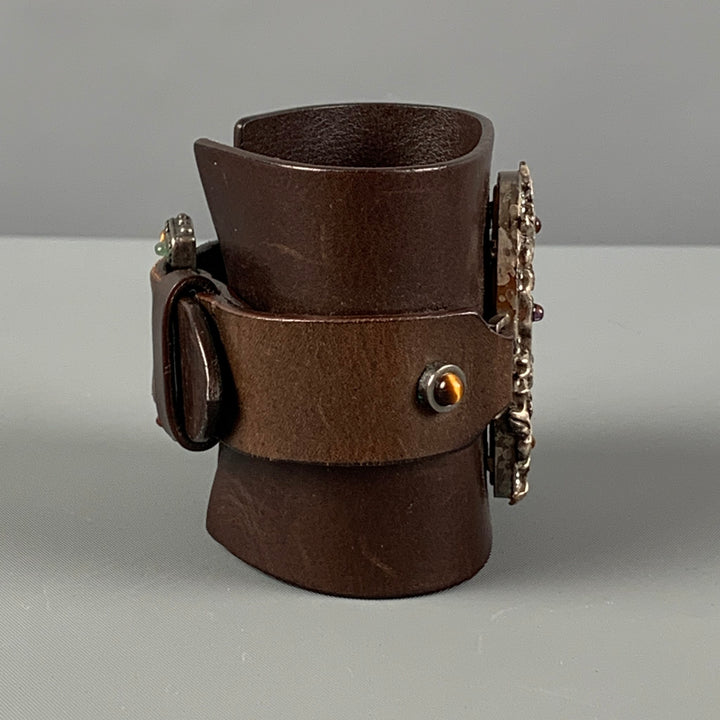 vintage VALENTINO Bracelet en métal en cuir argenté marron