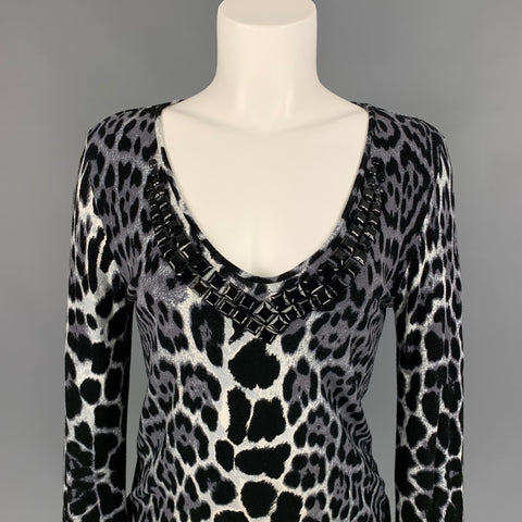 BLUMARINE Size 8 Grey & Black Animal Print Jersey Pullover