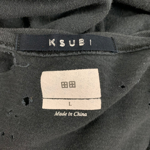 KSUBI Size L Grey Distressed Linen Cotton Crew-Neck T-shirt