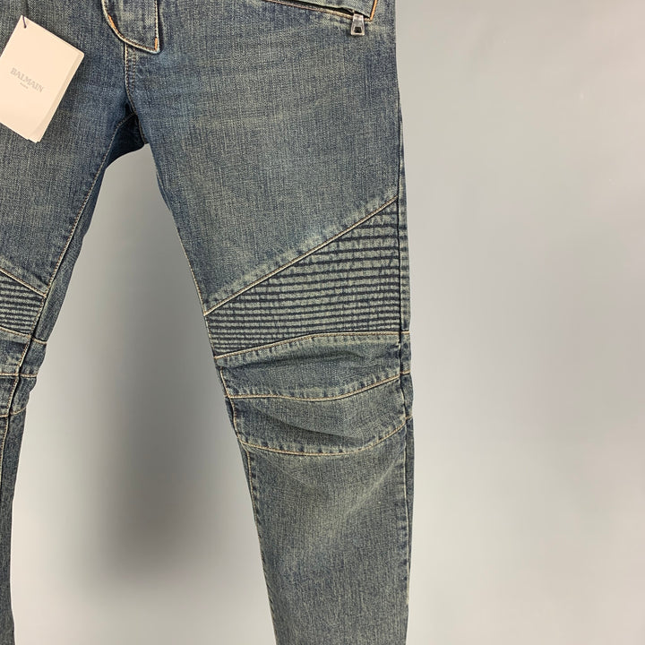BALMAIN Size 32 Blue Cotton Motorcycle Jeans