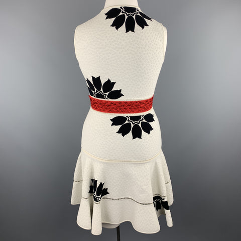 ALEXANDER MCQUEEN Size L White & Black Floral Ruffle Skirt Cocktail Dress