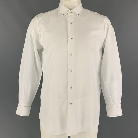 LUCIANO BARBERA Size L White Contrast Stitch Linen Cotton Long Sleeve Shirt