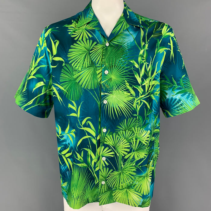 VERSACE SS 20 Size L Green Print Polyester Camp Short Sleeve Shirt