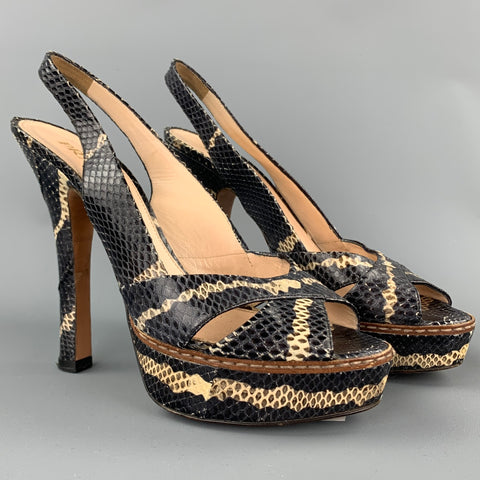 PRADA Talla 8 Sandalias con plataforma destalonada de piel de serpiente en negro y beige