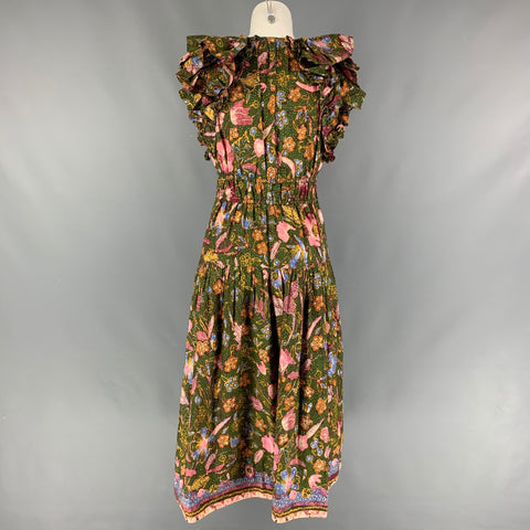 ULLA JOHNSON Size 2 Green Multi-Color Cotton Floral Sleeveless Long Dress