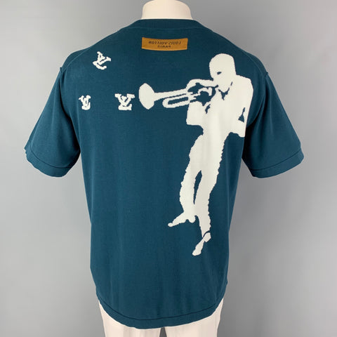 LOUIS VUITTON Size L Teal White Monogram Cotton Short Sleeve Pullover