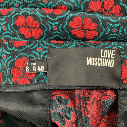 LOVE MOSCHINO Size 4 Black & Red Jacquard Polyester Dress Pants