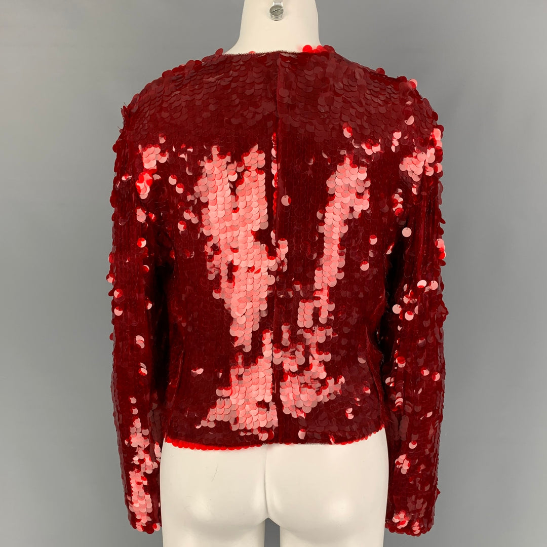 ARMANI COLLEZIONI Size 8 Red Silk Payettes Snaps Jacket