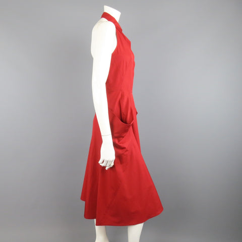 DONNA KARAN Size 4 Red Cotton Halter Top A Lline Shirt Dress