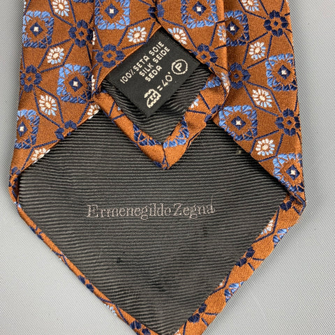 ERMENEGILDO ZEGNA Brown Navy Abstract Floral Silk Jacquard Tie