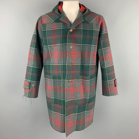 TRUSSARDI Size L Green & Red Plaid Leather Lined Hooded Coat