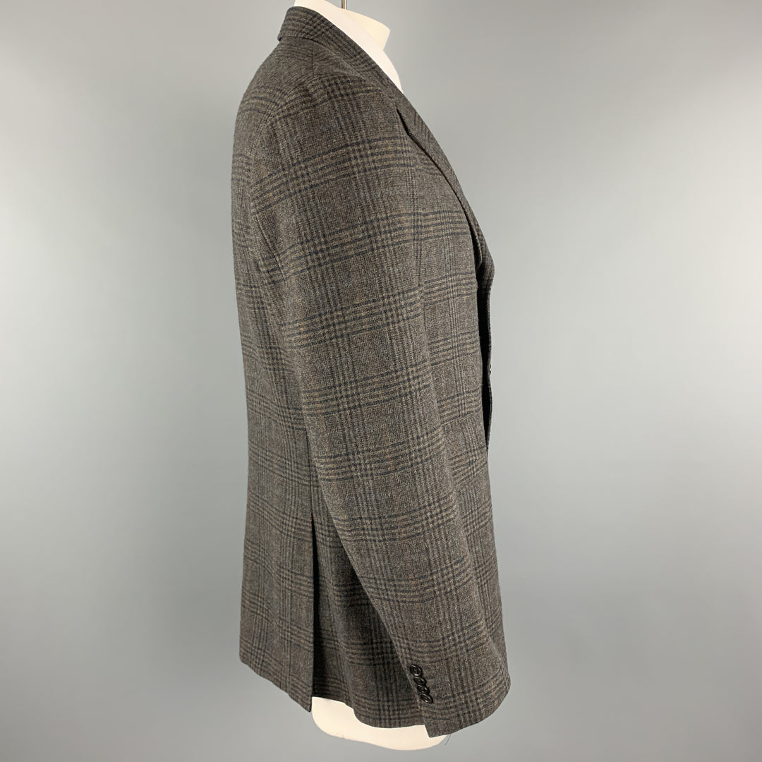 ETRO Taille 42 Manteau de sport long à carreaux taupe en laine / cachemire à col patte
