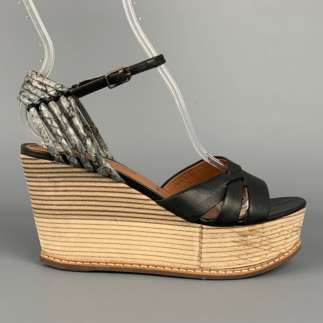 DEREK LAM Size 6 Black & Tan Leather Wood Wedge Sandals