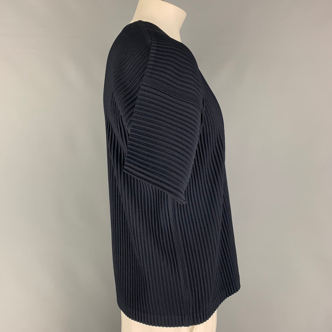 ISSEY MIYAKE HOMME PLISSE Talla XL Camisa Manga Corta Poliester Plisada Cuello Redondo Azul Marino