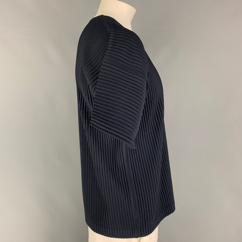 ISSEY MIYAKE HOMME PLISSE Size XL Navy Pleated Polyester Crew-Neck Short Sleeve Shirt