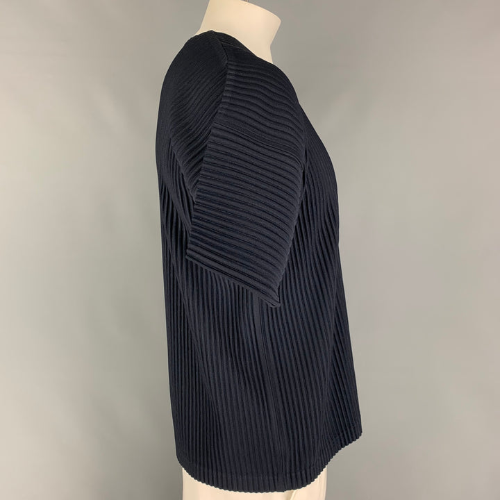 ISSEY MIYAKE HOMME PLISSE Taille XL Chemise à manches courtes en polyester plissé bleu marine