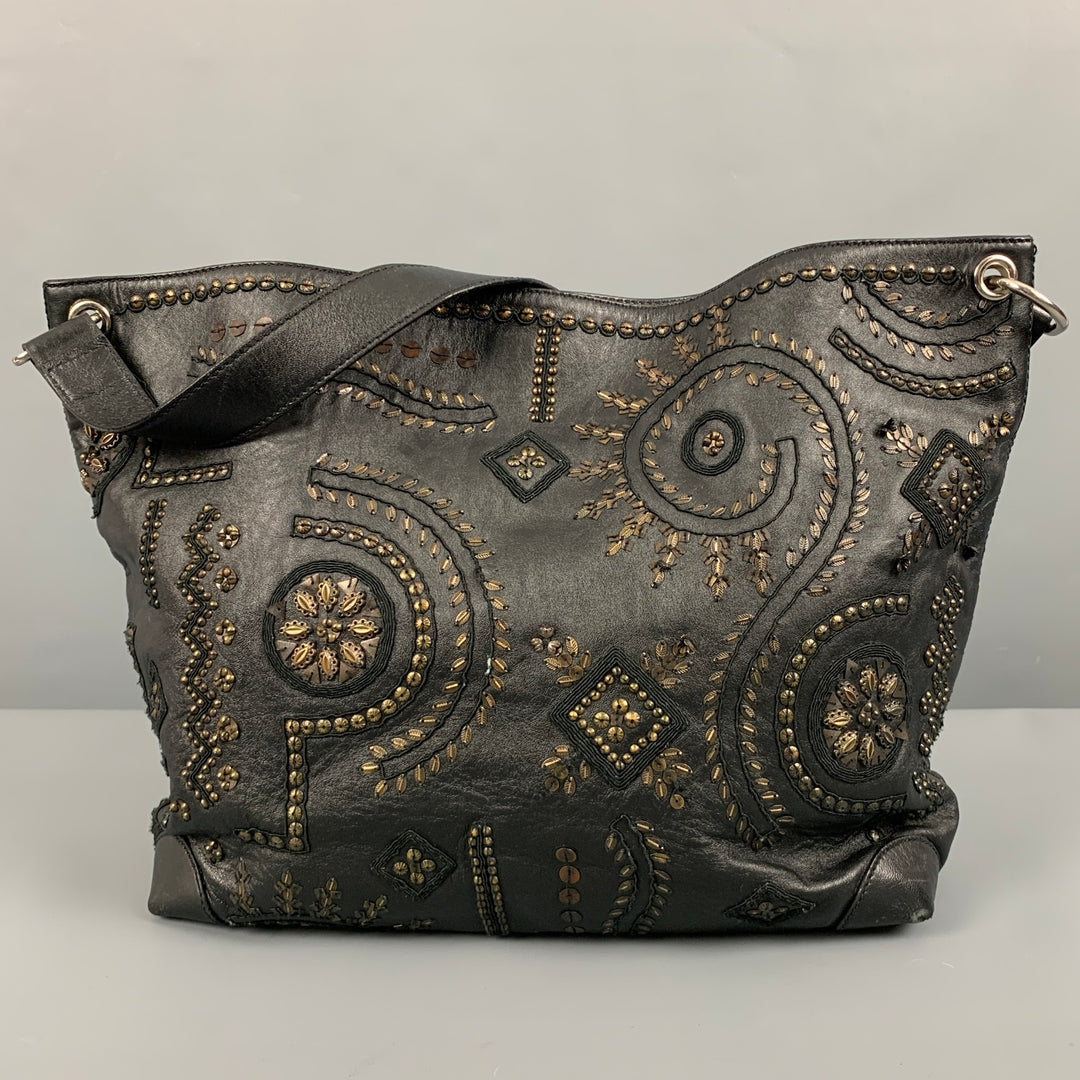 OSCAR DE LA RENTA Black Gold Studded Leather Handbag