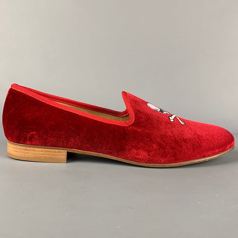 DEL TORO Size 13 Red Embroidery Velvet Slippers Loafers