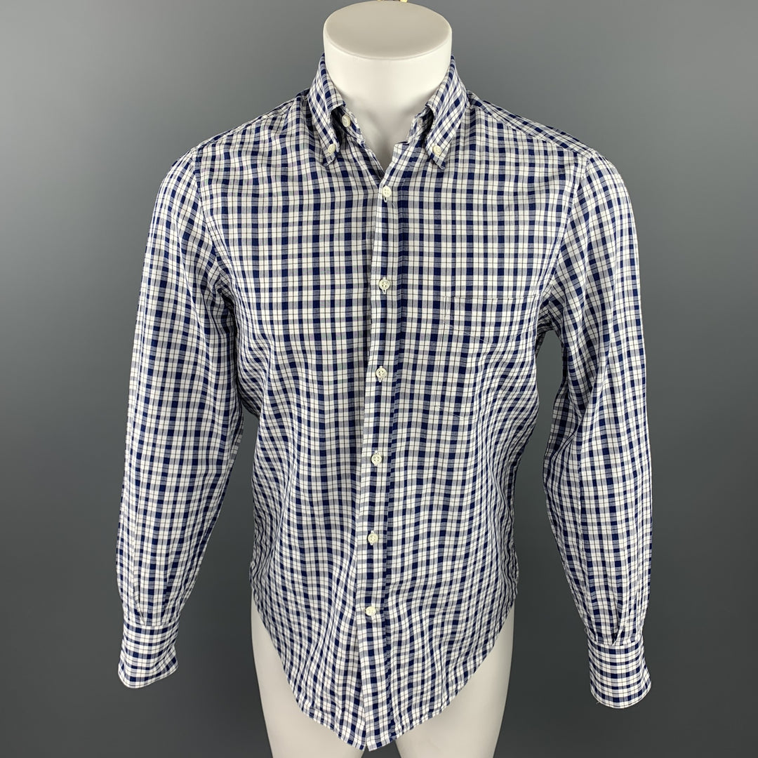 BRUNELLO CUCINELLI Talla XS Camisa de manga larga de algodón / lino a cuadros blanca y azul marino