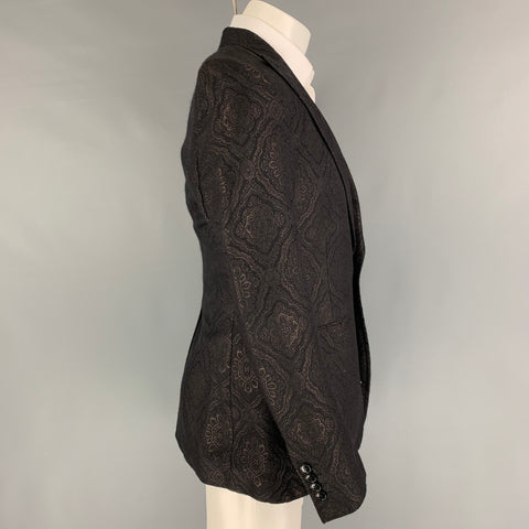 DOLCE & GABBANA Size 38 Black Brown Jacquard Wool Peak Lapel Sport Coat