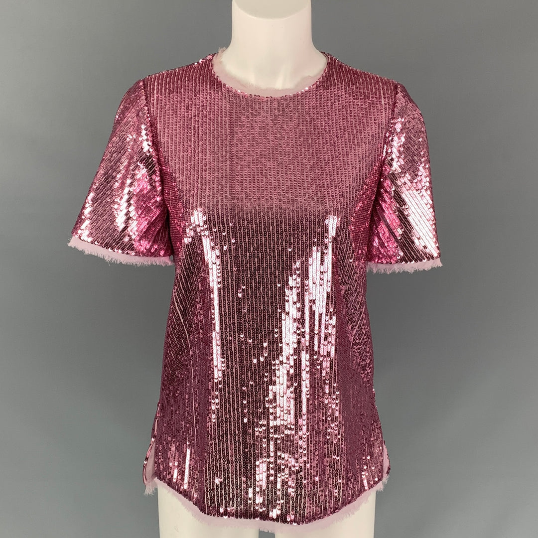 PRABAL GURUNG Size 0 Pink Polyester Sequined Short Sleeve Dress Top