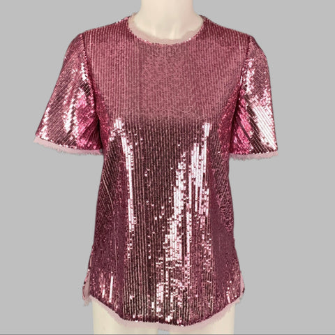 PRABAL GURUNG Size 0 Pink Polyester Sequined Short Sleeve Dress Top