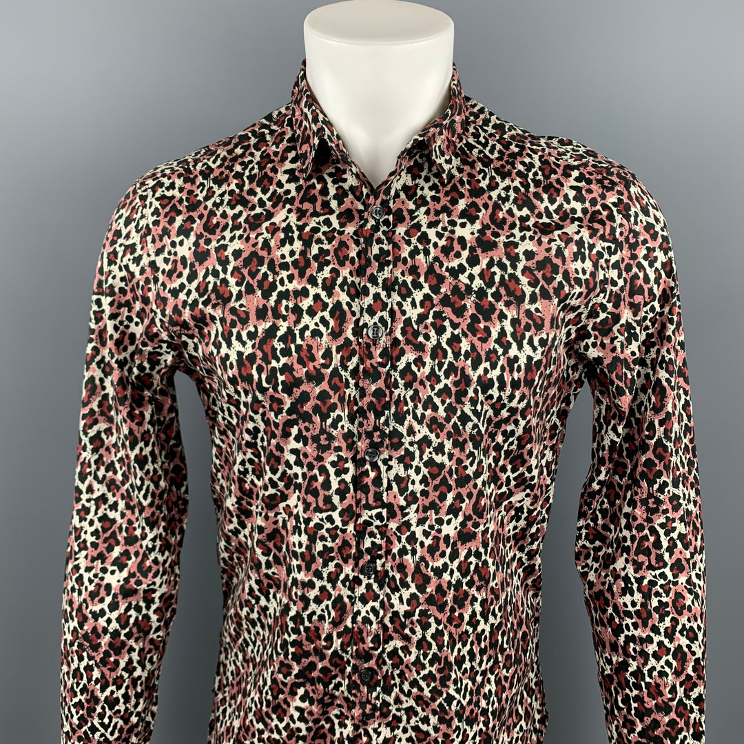 JUST CAVALLI Size S Black & Burgundy Animal Cotton Print Button Up Long Sleeve Shirt