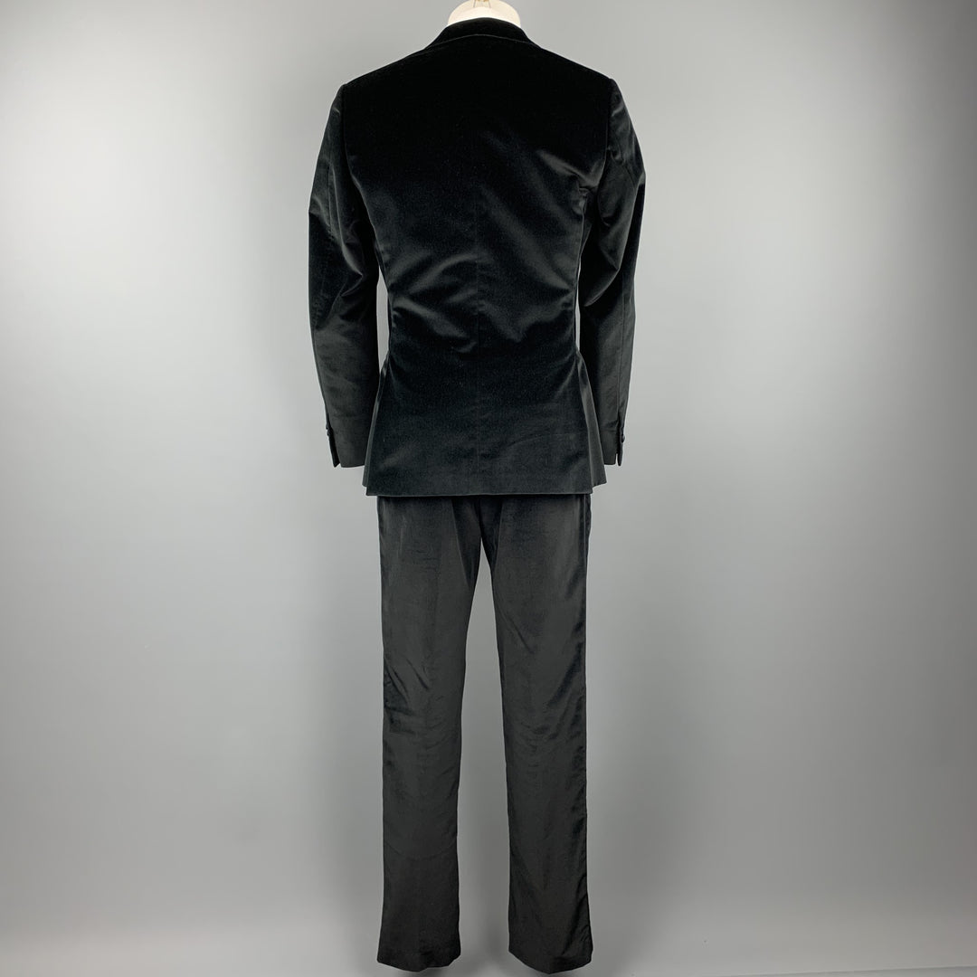 Z ZEGNA Taille 40 Costume de Smoking à Revers en Velours de Coton Noir Régulier
