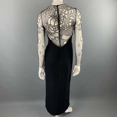BILL BLASS Size 6 Black Cream Floral Mesh Sleeve Chiffon Gown