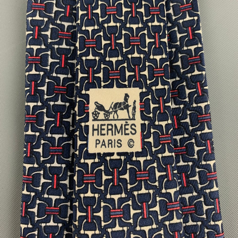 HERMES 7058 TA Navy Red White Equestrian Silk Tie
