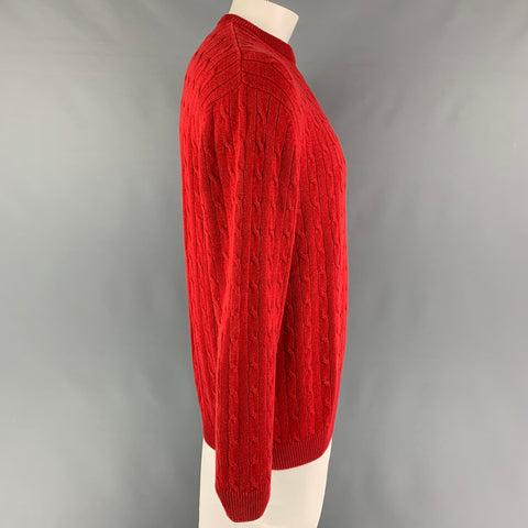LACOSTE Size XL Red Cable Knit Cotton Wool Crew-Neck Sweater