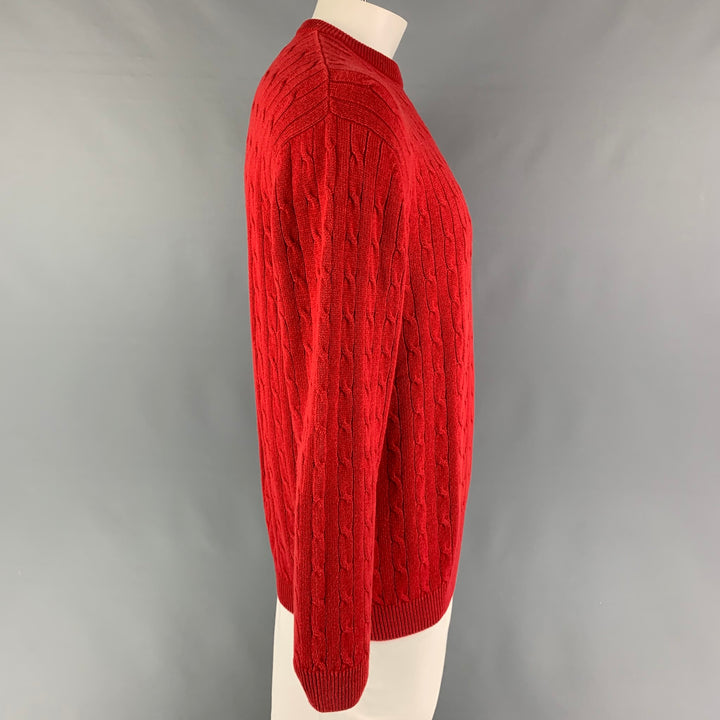 LACOSTE Size XL Red Cable Knit Cotton Wool Crew-Neck Sweater