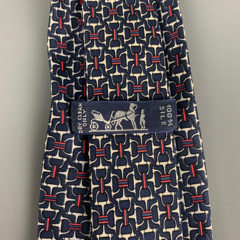 HERMES 7058 TA Navy Red White Equestrian Silk Tie
