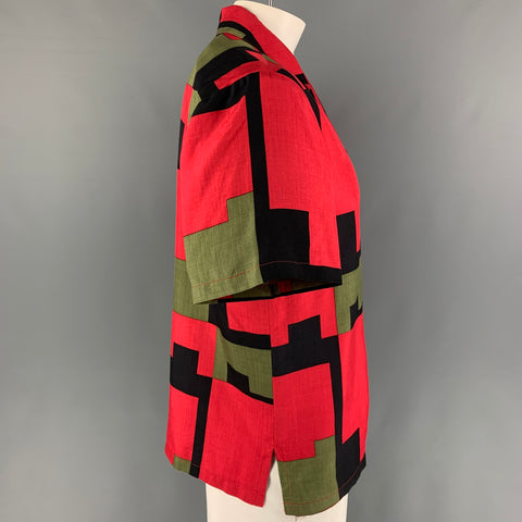 Vintage GENE MEYER Size L Red Black Olive Print Silk Camp Short Sleeve Shirt